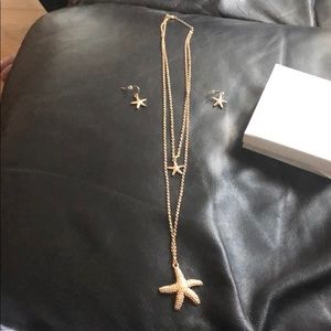 Gold double star fish necklace and earrings
